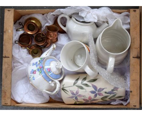 Mixed ceramics, including Royal Worcester pin dishes, tea wares including Royal Albert, miniature copper measures, some glass