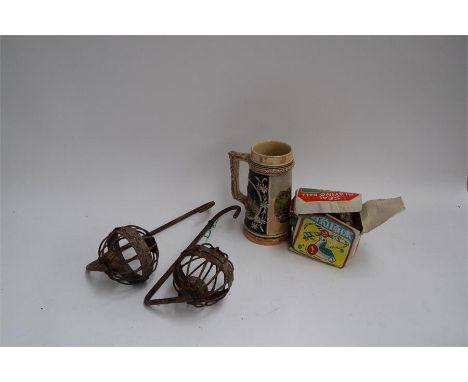 A pair of unusual wrought iron lanterns, together with a ceramic tankard, olive dish, and 15 early 20th century wall tiles