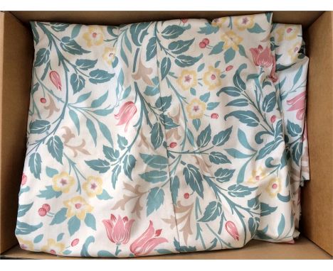 Two Marks and Spencers curtains in a light blue floral print, the one 10 wide x 7'10" deep, the other 9'4" wide x 4'8" deep