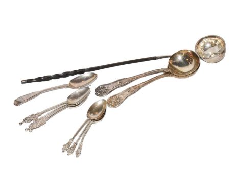 A pair of George III silver kings pattern ladles, a similar silver teaspoon, three other silver teaspoons, three silver apost