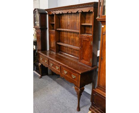 A George III style oak dresser and rack with burr yew crossbanding, 173cm by 48cm by 192cm Condition report: Plate shelves - 