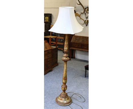 A cream and floral painted parcel gilt standard lamp, height excluding fitting 149cmCondition report: Some scuffs and knocks 