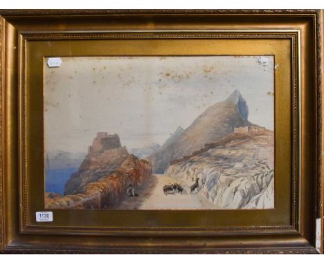 Continental School (Late 19th/Early 20th Century) A goatherd at rest in a Mediterranean landscapeIndistinctly signed below th