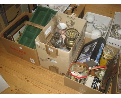 3 X BOXES OF MISCELLANEOUS TO INCLUDE OIL LAMP, VASE, CUTLERY ETC