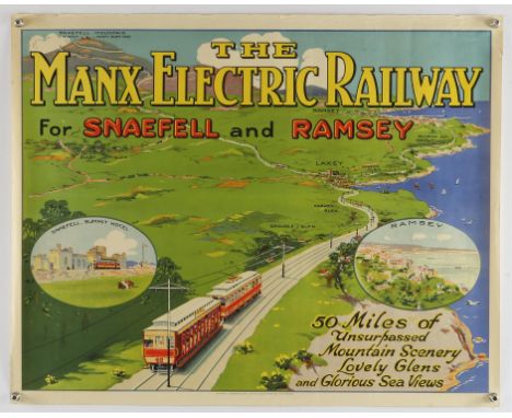 Isle of Man - Original vintage travel poster promoting The Manx Electric Railway. Great aerial view of the route with the tex