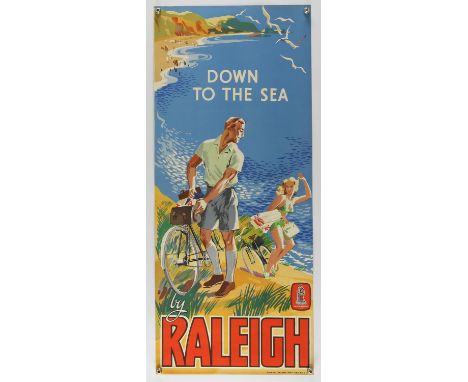 Down to the Sea by Raleigh - Vintage poster printed in England, flat, 12.5 x 29 inches. 