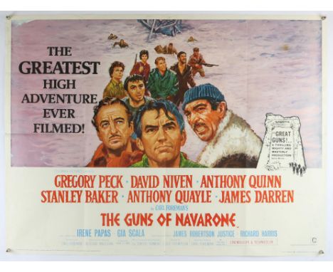 The Guns of Navarone (R-1960's) British Quad Film Poster starring Gregory Peck, David Niven, Anthony Quinn, folded, 30 x 40 i