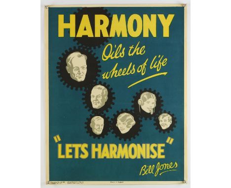 'Harmony Oils the Wheels of Life Lets Harmonise' - Original Vintage information poster by Bill Jones, Printed in England, Cop
