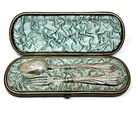 Boxed Victorian silver christening set fork &amp; spoon in original fitted box 