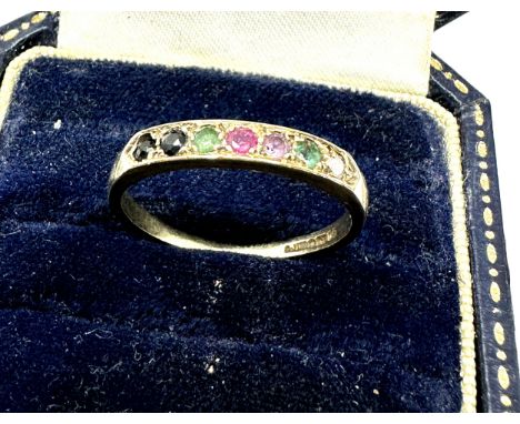 9ct gold 'dearest' ring set with diamond, emerald, amethyst, sapphire, ruby &amp; tourmaline (1.8g) 