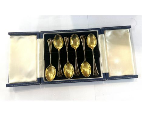 Cased set of 6 silver and enamel tea spoons, Birmingham silver hallmarks, total weight 50 grams 