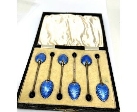 Antique boxed silver &amp; enamel coffee bean tea spoons Birmingham silver hallmarks 