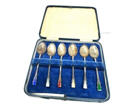 Boxed set of 6 silver &amp; enamel tea spoons Birmingham silver hallmarks 