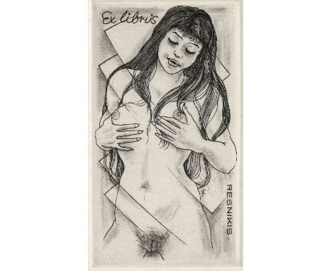 Kühn, Fritz. Sammlung von 17 erotischen Exlibris in Orig.-Graphik, zumeist Radierungen (2 signiert). 27 x 21 cm. Lose Blatt u