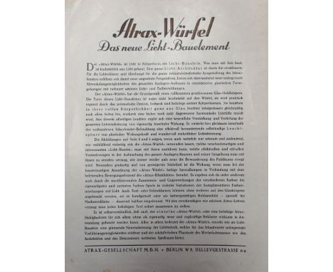 -- ARCHITEKTUR, DESIGN, PLAKATE-- Atrax-Würfel. Das neue Licht-Bauelement. 2 Bl. Mit zahlreichen, meist farbigen Abbildungen.