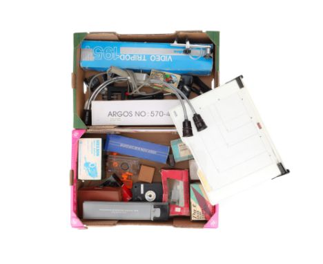 A Large Selection of Mixed Photographica, to include tripods and tripod heads, a four-way studio lighting rig, an easel, bell