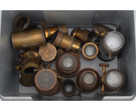 A Large Collection of Magic Lantern Lenses, various lenses most brass bound projection lantern lenses, various conditions