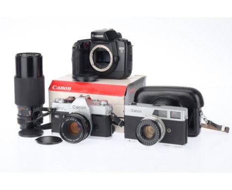 A Group of Canon Film Cameras, comprising a Canon EOS5 body, powers up, shutter fires, the mode selector dial has an issue an