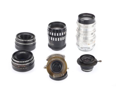 A Group of Mixed Camera Lenses, to include a Schacht f/2.8 90mm Travenar, barrel G, optics F-G with light fungus, a Schacht f