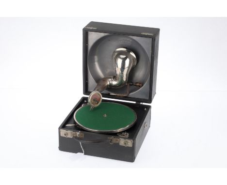 A Decca Portable Record Player RD721003 model RD721003, black, condition G, spring winds and plays back, silver acoustic horn