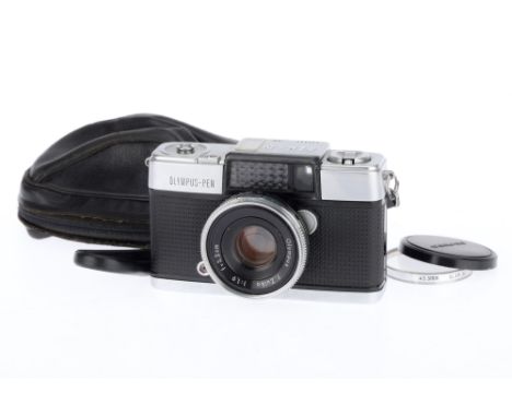 An Olympus Pen D 35mm Half Frame Camera, black leatherette, serial number 506694, body G, shutter working, light meter respon