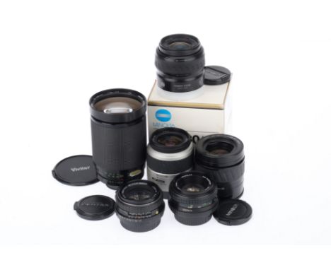 A Selection of 35mm SLR Camera Lenses comprising a Pentax-M smc f/1.7 50mm, barrel G, optics G, with caps, a Minolta MD Rokko
