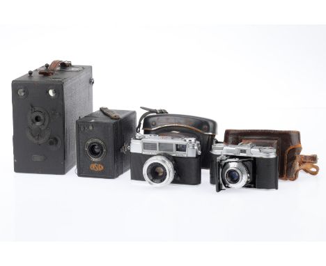A Group of Film and Box Cameras, comprising a Yashica Minister, body G, light meter responding, rangefinder works, shutter wo