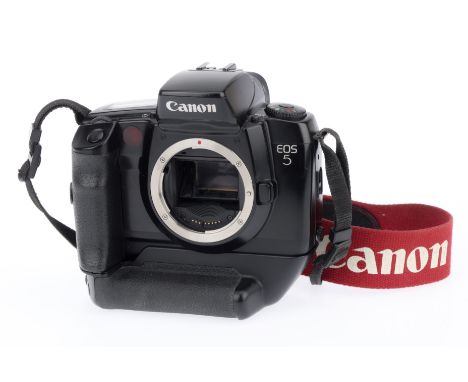 A Canon EOS5 35mm Camera, black, serial number 2501028, body F-G, mode dial does not click into place and has no effect, LCD 