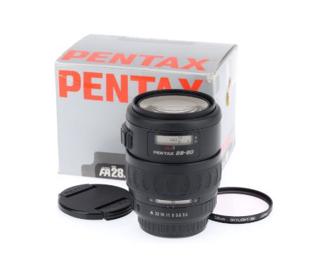 A Pentax FA f/3.5-4.7 28-80mm Zoom Lens, black, serial number 3246727, barrel G, aperture blades good, optics F-G, light inte