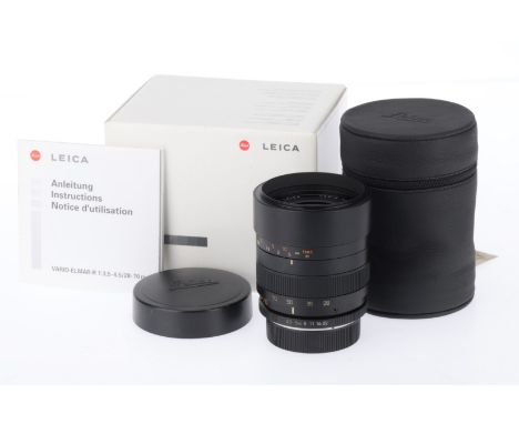A Leica Vario-Elmar f/3.5-4.5 28-70mm Lens, black, serial number 3904625, barrel G, has issues, focus ring is jammed, there i
