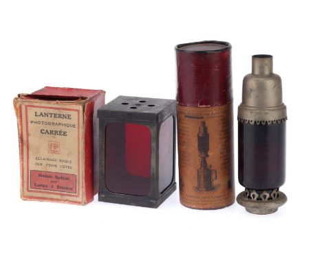 A Pair of Vintage Darkroom Safelights, comprising a Lanterne Photographique Carrée, in maker's box, confition F, glass intact