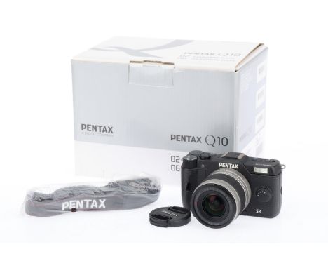 A Pentax Q10 Digital Compact Camera, black, serial number 4974330, body VG, powers up, takes a picture, with smc-Pentax f/2.8