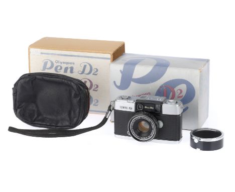 An Olympus PEN-D Half Frame Camera, silver, serial number 167058, body G, shutter works but leaves move slowly, iris works, w