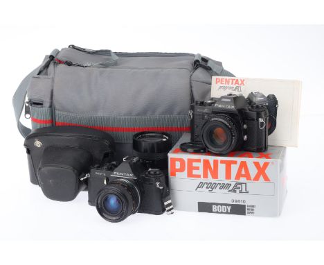 A Pair of Pentax 35mm SLR Cameras, comprising a Super A, black, serial number 1418910, body VG, shutter works on manual, inte