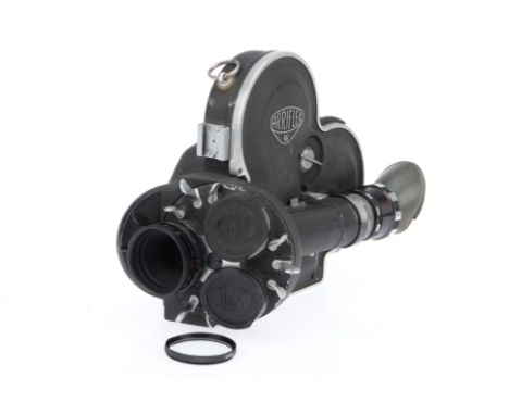 An Arriflex 16 Cine Camera, black, body G, some paint wear from usage, motor seems to rotate freely, not electrically tested,