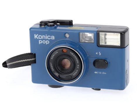 A Konica Pop 35mm Compact Camera, blue, body G, flash not working, advance works, shutter works.