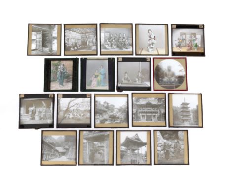 Japan Lantern Slides Group of 18 lantern slides showing Temples, pagoda, people working, Geisha and musicians. Some are hand 