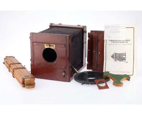 A Mahogany and Brass Tailboard Camera and Accessories, mahogany and brass, no maker's mark, wood condition G, bellows appear 