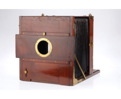 A 15x12 inch Mahogany and Brass Tailboard Camera Body, unsigned, condition G, some scratches to base of tailboard, bellows ap