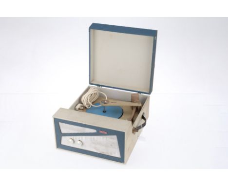 A Philips Cossor Electric Record Player, blue/pale grey, condition F-G, slightly grimy in places, surface rust on clasps, but