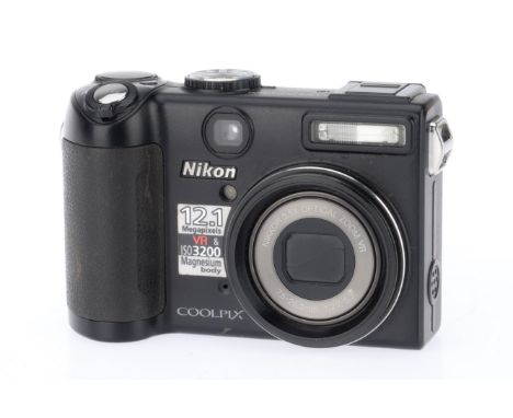 A Nikon Coolpix P5100 Compact Digital Camera, black, serial number 80404827, body F-G, tripod mark to base, light scratches t