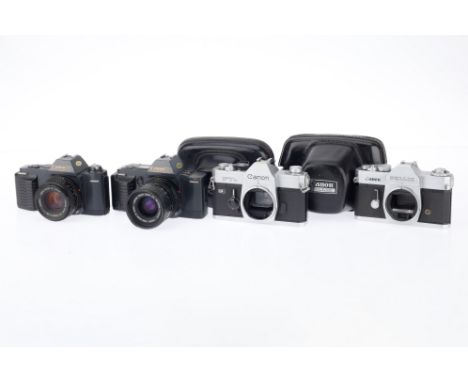 A Group of Canon 35mm SLR cameras, comprising a Pellix, body G, shutter works, self timer works, in ERC, a FTb QL, body G, ap