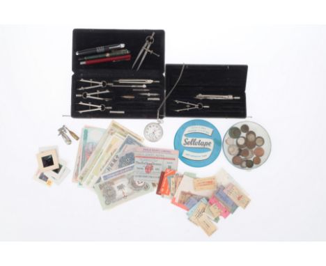 A Selection of Collectibles, to include promotional fountain pens, foreign banknotes, a Russian fob watch, runs, concert tick