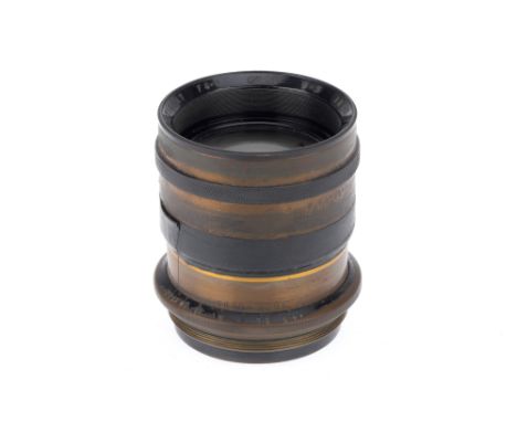 An Aldis Anastigmat f/4.5 9 inch No. 19 Lens, brass, serial number 132544, barrel F-G, iris blades need attention, optics F-G