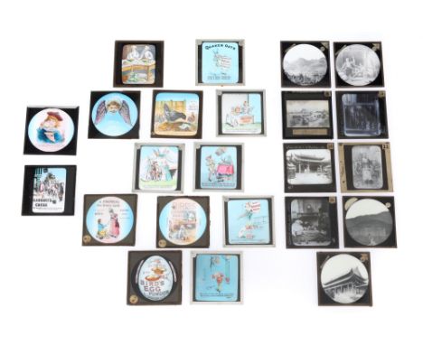 China Lantern Slides Group of 9 slides with Chinese interest, opium smokers and buildings. Some advertising slides Very good.