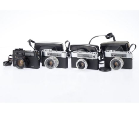 A Selection of Yashica Rangefinder Cameras, comprising an Electro 35 GTN, black, body F, some brassing to top plate, tape ove