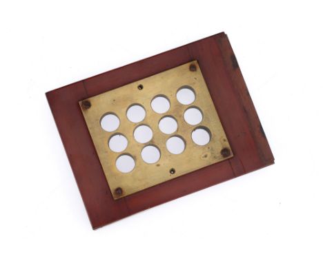A Front Section of a Post Office Camera, brass lens fascia set in mahogany, F, can be used in a camera restoration.