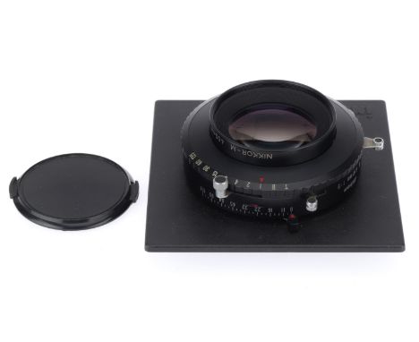 A Nikon Nikkor-M f/9 450mm Large Format Lens, black, serial number 766959, barrel VG, optics VG, light peripheral dust, with 