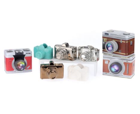 A Selection of Camera Styled Containers, to include 3off tinplate biscuit tins/tea caddies, 200x100x150mm, VG, and 5off ceram