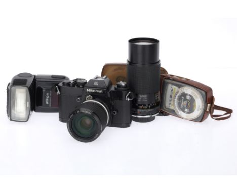 A Nikon Nikomat EL 35mm SLR Camera Outfit, black, serial number 5701663, body G, some brassing to bottom plate, self-timer me